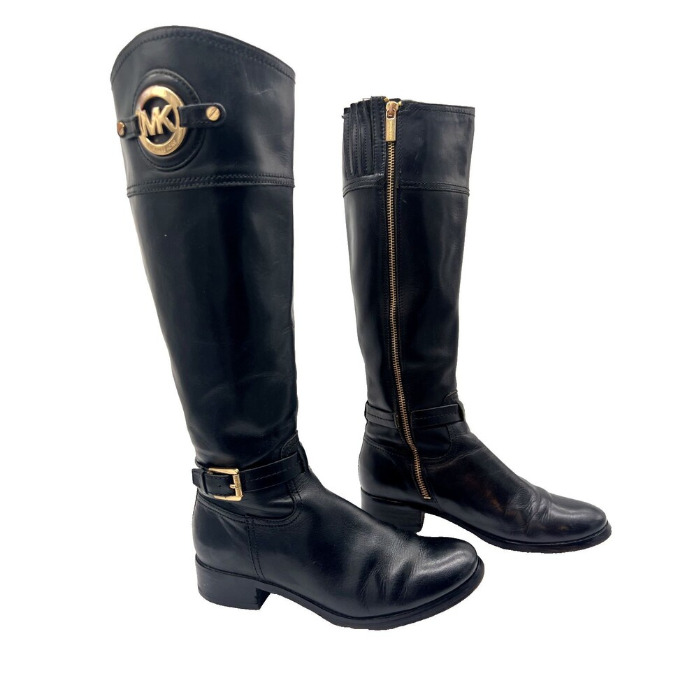 MICHAEL KORS STOCKARD LEATHER TALL RIDING BOOT BLACK SZ 5.5 WIDE CALF - Picture 2 of 16
